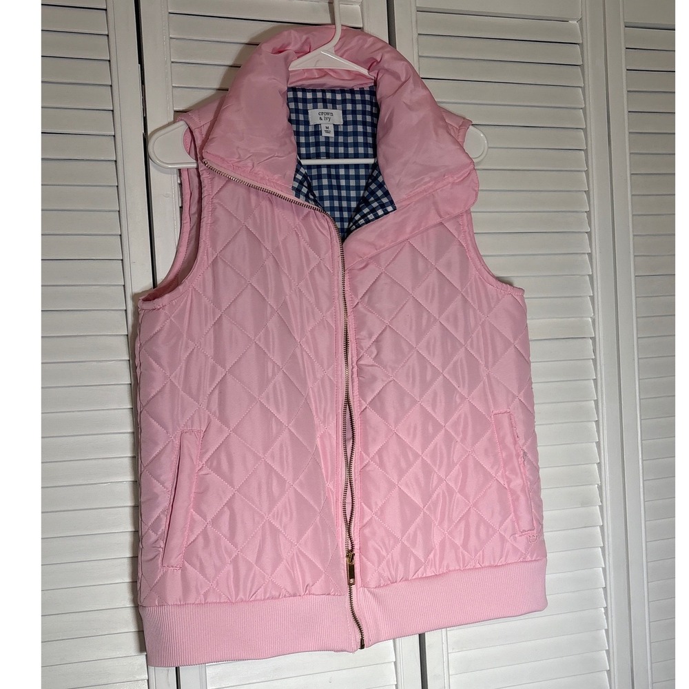 Crown & Ivy Pink Quilted Puffer Vest Gingham Lining Womens Medium FullZip Preppy